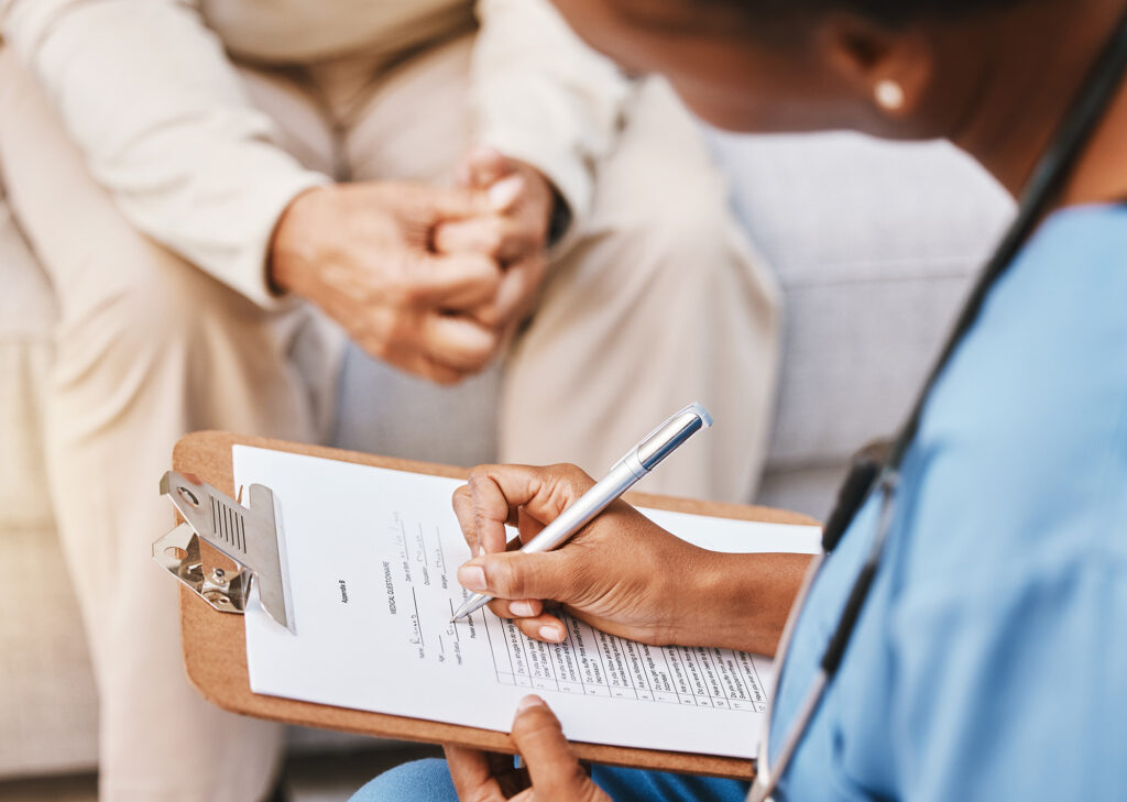 Nurse, clipboard and medical checklist with patient for healthcare, life insurance or hospital service. Closeup doctor writing notes, consulting and report documents of surgery, test results and data.